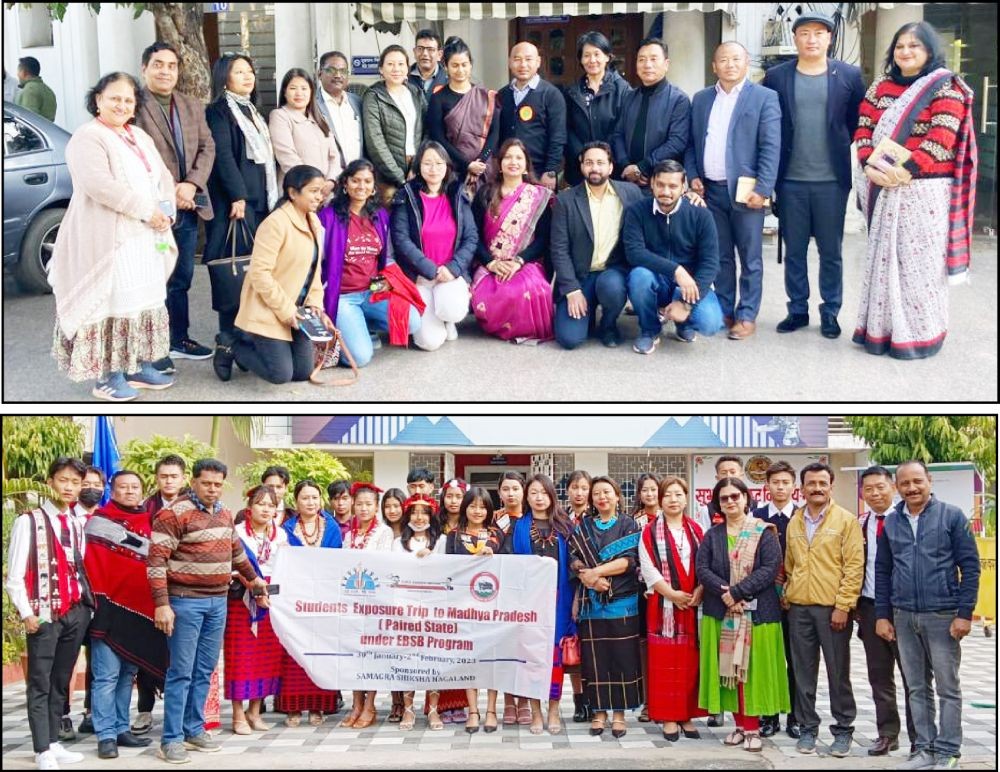 (Top) Nagaland team with Nandini Maharaj, IAS Additional Director, School Education Delhi (Bottom) Nagaland team with School Education officials of Madhya Pradesh.